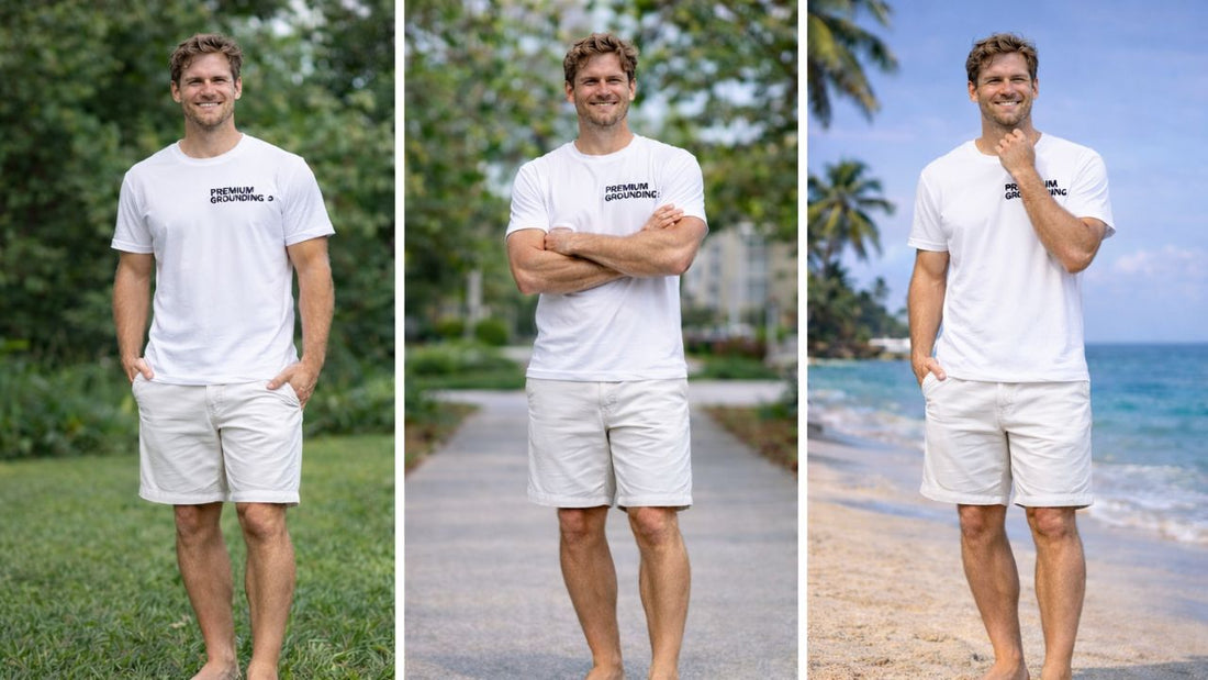 man standing on grass, concrete, and sand to do grounding or earthing