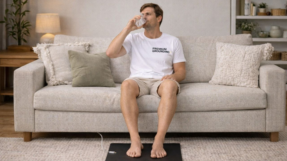 man using a grounding mat in his living room while drinking water