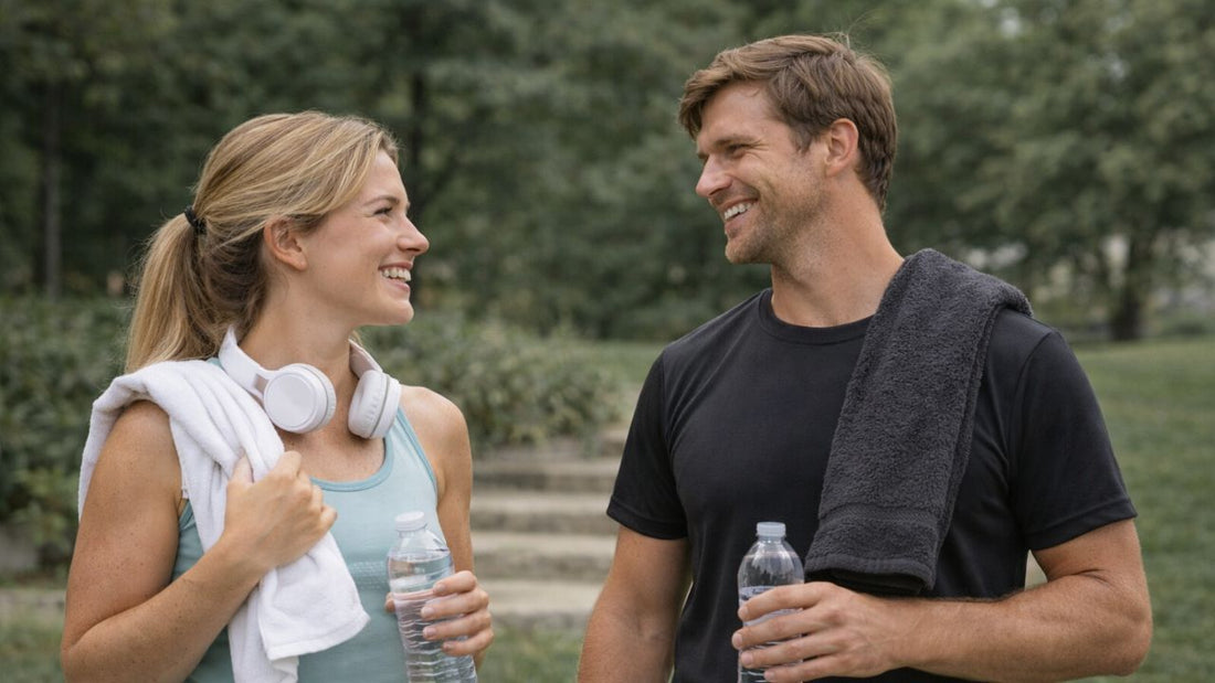 man and woman talking after working out